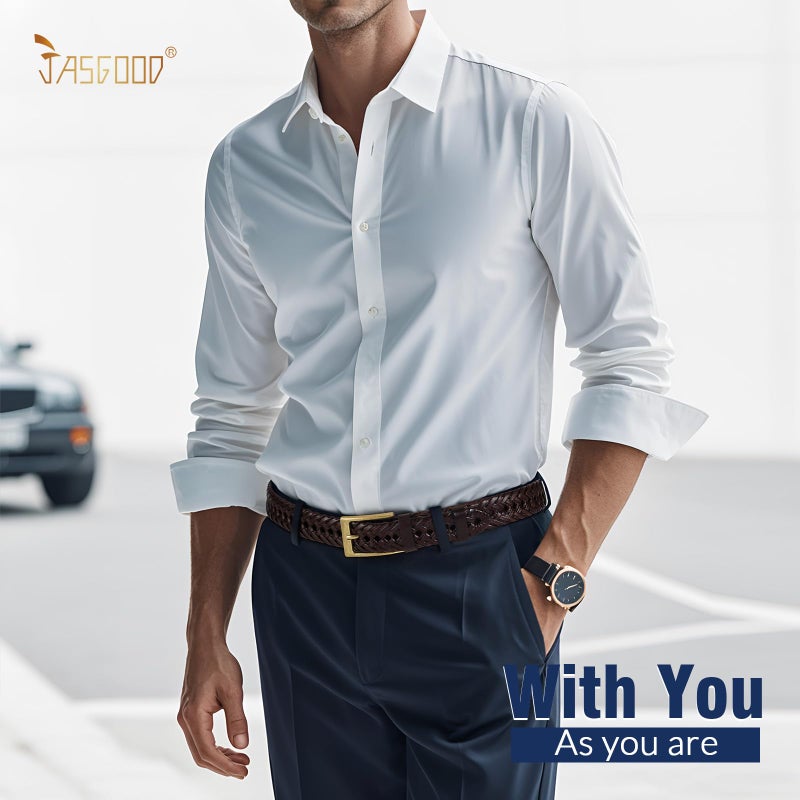 JASGOOD Men's Braided Leather Belt, Braided Woven Belt for Men Casual Jeans with Solid Strap Single Prong Buckle (B-Brown,Suit for Pant Size 32-37 inch) - Image 2